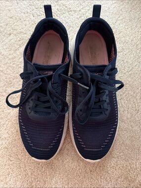 Skechers Navy Knit Sneakers with Pink Interior